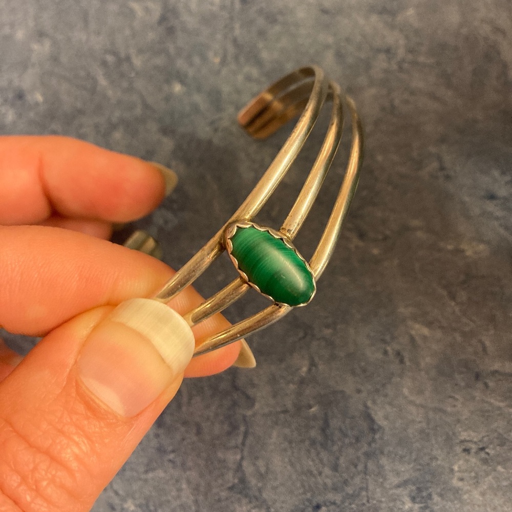 Pair Malachite shell Crystal stone Alpaca Silver bracelet Cuff - Picture 2 of 13